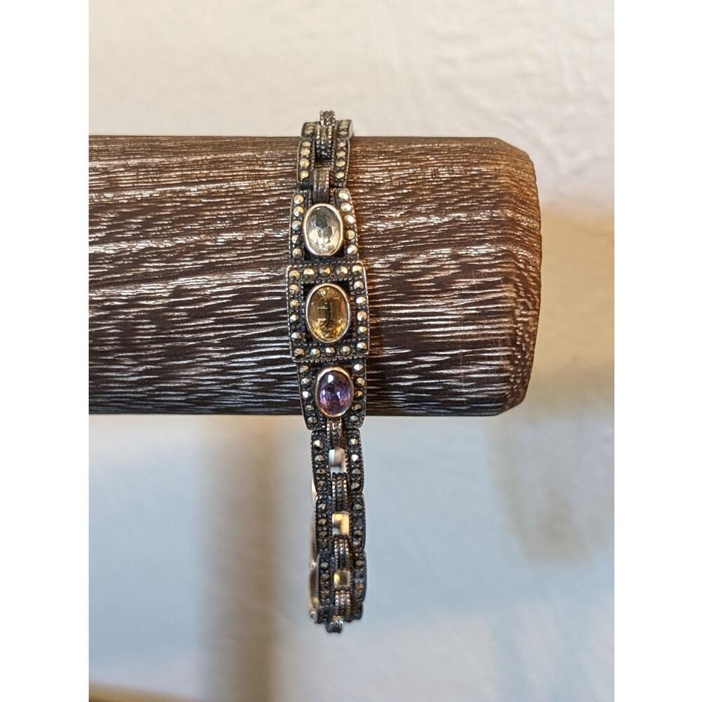 Vintage Sterling Marcasite Amethyst Citrine Blue Topaz Fold Over Clasp Bracelet